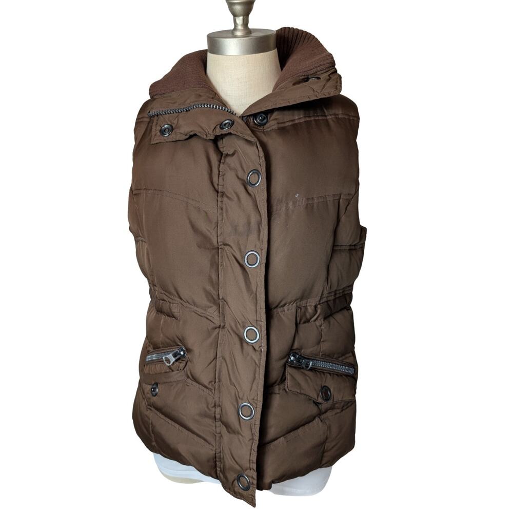 K Jordan Puffer Vest Brown Hooded Quilted Full Zip and Button Up Women's Size M